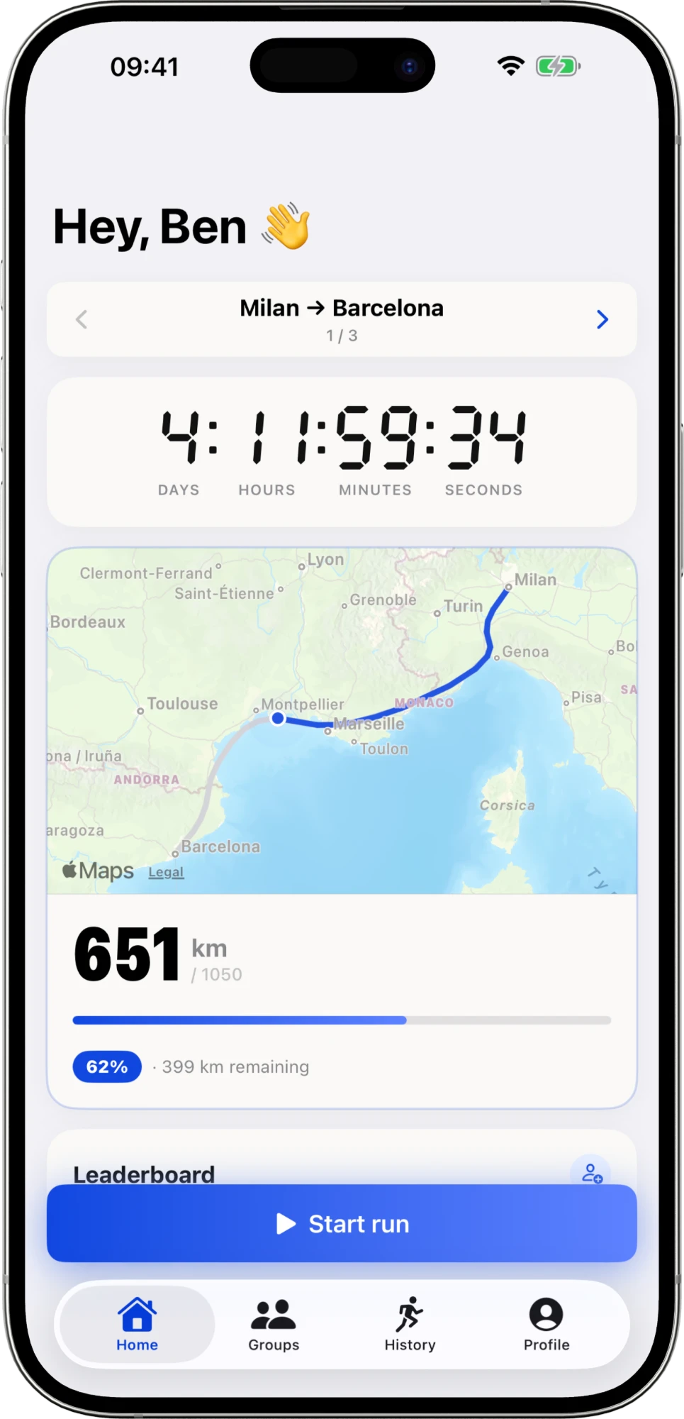 LngRun app: group route Milan to Barcelona with countdown
